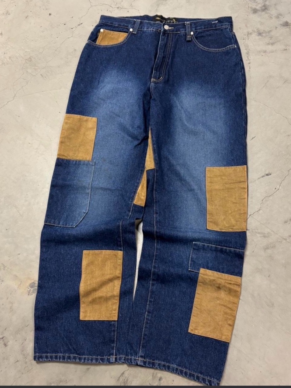 Dark Blue Denim Patchwork Pants with Tan Suede Patches. Baggy fit